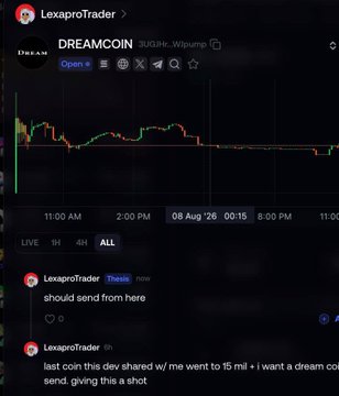 The image shows a DexScreener chart for $DREAMCOIN token with a 30.53K (-9.59%) 24h change and a market cap around 260K, viewed through the LexaproTrader profile on 08 Aug '26. This visual supports the post's claim of providing a "free entry" at a low 260K market cap while highlighting the token's recent price decline on the chart.