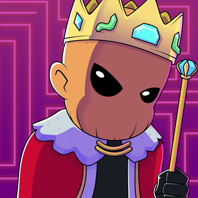 A chibi-style illustration of a royal alien king wearing a jeweled gold crown and a red cape with a fur collar, holding a scepter topped with a blue gem. The image complements the post's "GM" (Good Morning) greeting and appreciation to collaborators @PoweredByVolt and @MintedNFTs, fitting the NFT community's friendly morning check-in vibe with its regal, charismatic character.