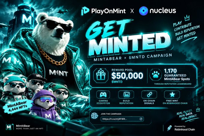 The image promotes the PlayOnMint × Nucleus “Get Minted” campaign, showcasing the MintABear 4,444‑NFT collection and a $50,000 $MNTD reward pool with 1,170 guaranteed MintABeer spots.