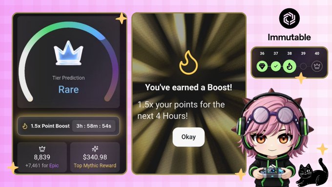 A screenshot of a computer screen displays a game dashboard with various game options available. At the top, there's a purple square that states "Immutable" followed by a text box listing out the different rewards for completing tasks or games. The main focus is on "@Mintory_labs": Share Hero - A new character to join in a world of monsters and heroes, where you can complete quests and gain experience points (XP) by playing this game. The game's title suggests an intense adventure filled with action and strategy. The screen displays the current day number is "38" and the user has earned 1.5 points for 4 hours so far.