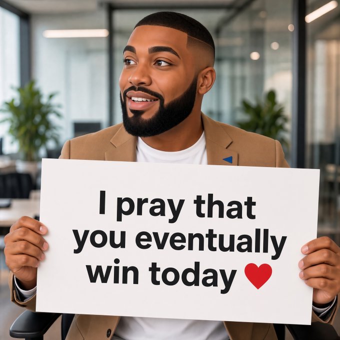 A smiling bearded man in a tan blazer holding a white sign that reads 'I pray that you eventually win today' with a red heart emoji.
