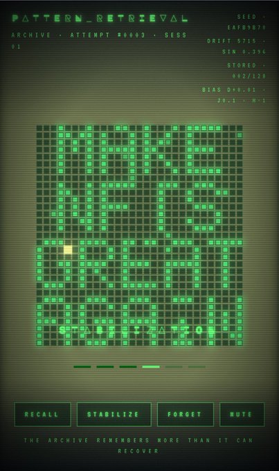 The image shows a poster with a grid of letters and numbers displayed in green neon lights against a dark background, which appears to be a pattern or code. The text on the poster reads "NFTs forgot what they were supposed to be, so I vibecoded this one. Pulled one pattern from the archive, tiled it into a grid, and let it spell out the only thing that needed saying." The poster is described as being "stabilize forget, nudge, note, nudge, remember more than it can".