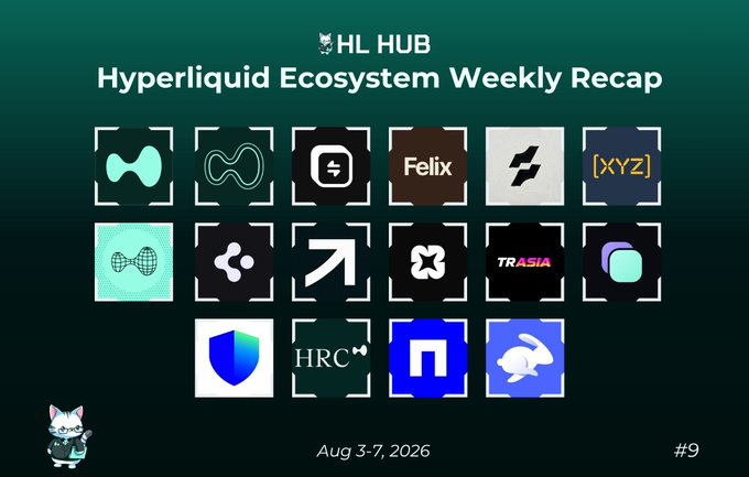 A presentation slide titled 'HL HUB: Hyperliquid Ecosystem Weekly Recap' dated Aug 3-7, 2026, displaying various project logos in a grid format.