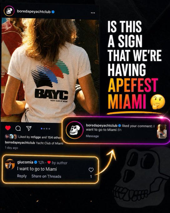 An Instagram post from @boredapeyachtclub shows a person wearing a BAYC "Yacht Club of Miami" t-shirt, with a screenshot highlighting the official Bored Ape Yacht Club account liking user @giucomia's comment saying "I want to go to Miami," fueling speculation about an upcoming Apefest Miami event.