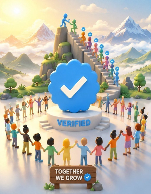 A 3D illustration showing a large blue 'VERIFIED' checkmark emblem on a pedestal, surrounded by diverse cartoon figures holding hands in a circle, with a wooden sign reading 'TOGETHER WE GROW' in a whimsical mountain landscape.