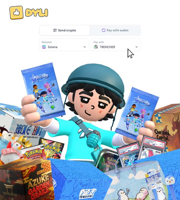 A promotional graphic for OMLU featuring a 3D cartoon character in a teal shirt and helmet holding trading card packs, with a payment interface at the top showing 'Send crypto,' 'Pay with wallet,' 'Network: Solana,' and 'Pay with: TRENCHER,' surrounded by various card game boxes.