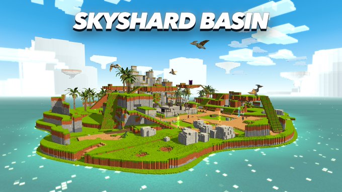 Promotional image for 'SKYSHARD BASIN' showing a voxel-style island with palm trees, ruins, and creatures surrounded by water.