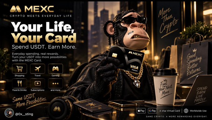 A MEXC promotional advertisement featuring a stylized monkey in sunglasses holding a Visa card, with the slogan 'Your Life, Your Card' and 'Spend USDT. Earn More.'