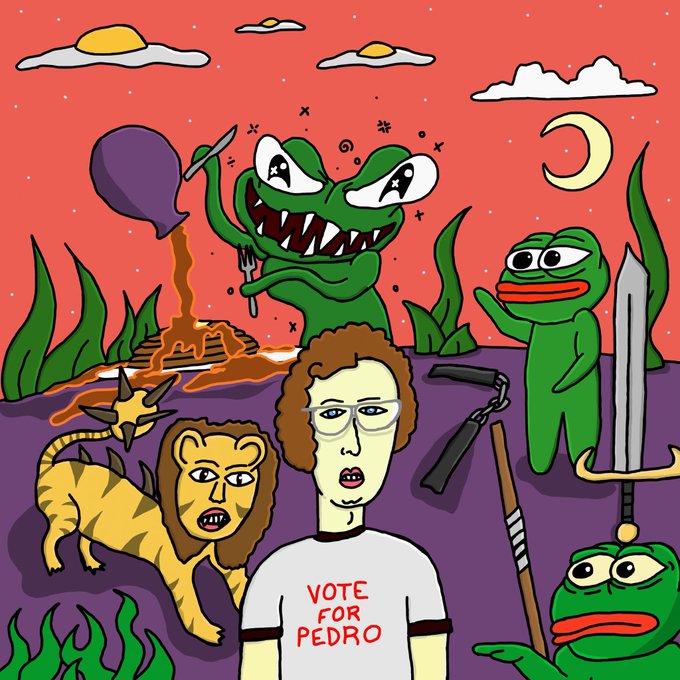 A colorful cartoon illustration depicts a surreal scene with a central figure wearing a "VOTE FOR PEDRO" shirt, surrounded by frog-like creatures, a lion, a sword, and pizza under a red sky with fried egg clouds.