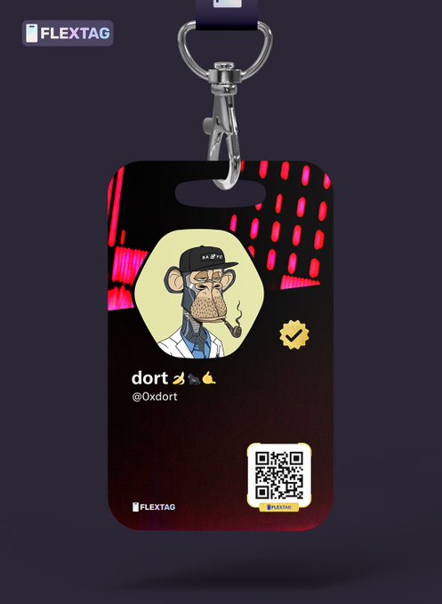 A digital product mockup displays a "FLEXTAG" ID badge featuring a Bored Ape-style cartoon monkey smoking a cigar, with the username "dort" and handle "@0xdort," along with a QR code labeled "VERIFY ME."