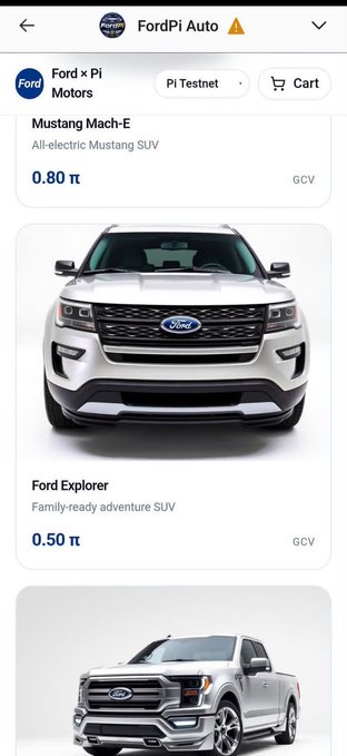 A FordPi Auto store listing displays vehicles priced in Pi cryptocurrency, including a Ford Mustang Mach-E for 0.80 π, a Ford Explorer for 0.50 π, and an F-150 pickup, illustrating real-world utility for Pi where users can spend mined coins on tangible products within the growing ecosystem.