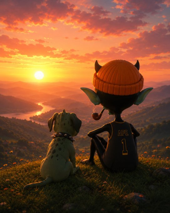 A green goblin-like creature with horns and an orange beanie, wearing a black 'APE 1' jersey, sits alongside a spotted dog as they overlook a sunset valley with a winding river.