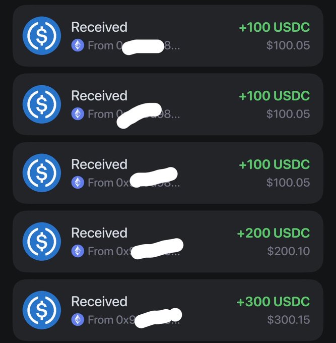 Crypto wallet transaction history showing multiple 'Received' USDC transfers of +100, +100, +100, +200, and +300 USDC from various addresses.