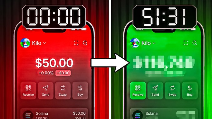 The image shows two smartphone screenshots side by side: a red-themed crypto wallet showing a starting balance of $50.00 at 00:00, and a green-themed crypto wallet showing a profit of +$18.24 (totaling $68.24) at 51:31, illustrating the results of a trading challenge. This visual relates to the giveaway by showing the profit gains made from trading the Solana ($SOL) being given away to a winner who subscribes and likes the new video.