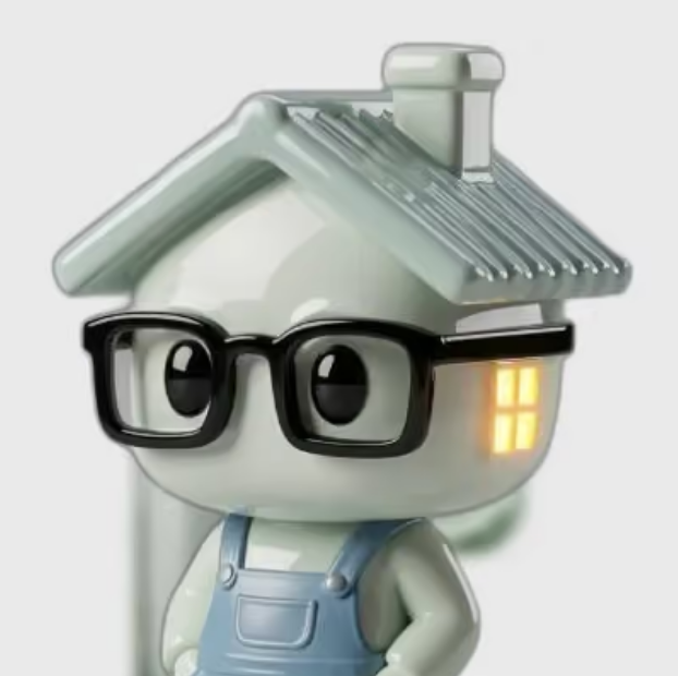 A 3D-rendered mascot character with a house-shaped head, wearing black-framed glasses and blue overalls, features glowing orange illuminated windows. The cozy, studious home-character fittingly matches the "Send It" caption by embodying confidence and readiness to take action.