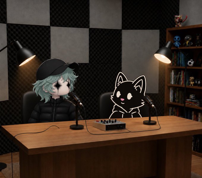 Two animated characters, one with green hair and a black cap and another as a black cat outline, sit at a podcast desk with microphones in a soundproof studio.