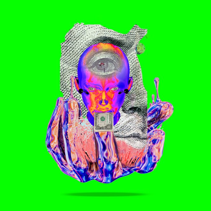 A surreal digital collage artwork on a green background featuring a multicolored thermal-style face with a dollar bill in its mouth, held up by iridescent metallic hands.