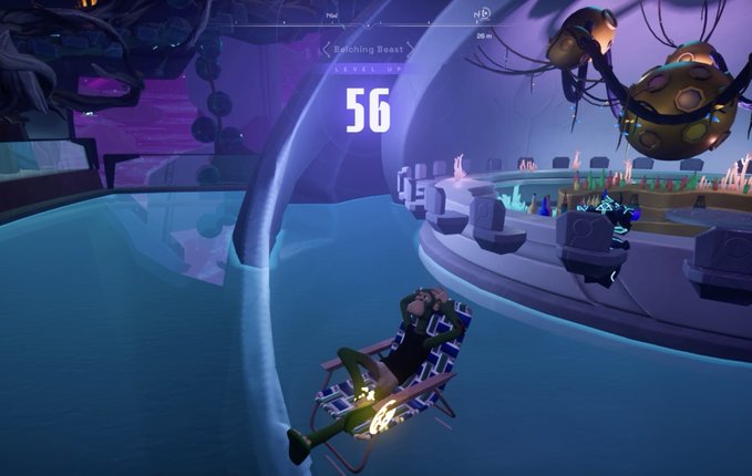 A character in a yellow outfit dangles from a swing-like contraption over glowing blue water, with on-screen text reading "Belching Beast" and "LEVEL 57" along with the number "56," reflecting the user's post about just reaching a new level in the OthersideMetaverse. The whimsical, club-like environment with decorative orbs and neon lights matches the social, celebratory tone of hanging out after leveling up.
