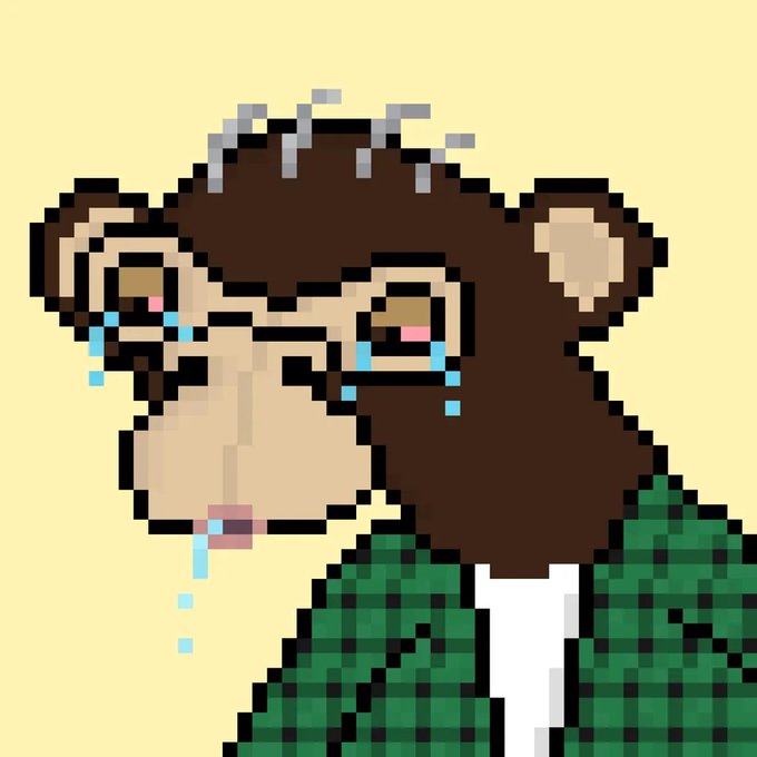 A pixel art portrait of a crying monkey or ape character wearing a green plaid shirt against a pale yellow background.