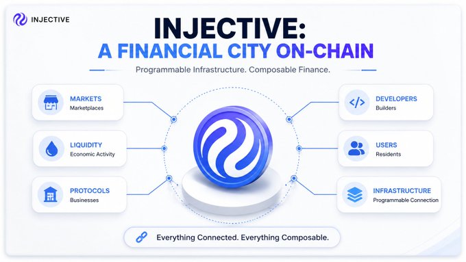 An infographic for Injective titled 'A FINANCIAL CITY ON-CHAIN' with categories: Markets, Liquidity, Protocols, Developers, Users, and Infrastructure, centered around a blue sphere.