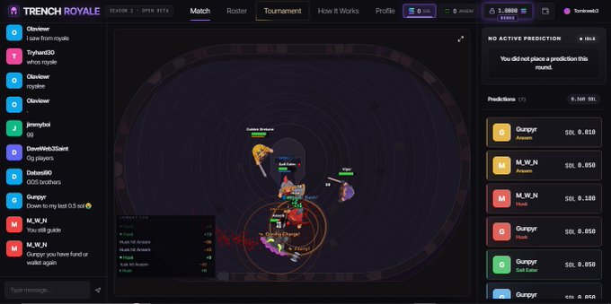 A screenshot of the Trench Royale website displaying a live gameplay match from Season 5, with predictions listed on the right side and chat messages on the left.