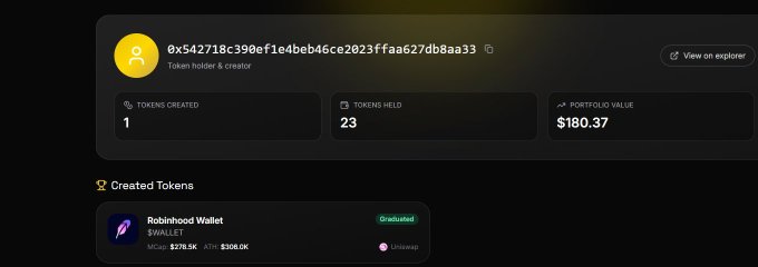 A dark-themed cryptocurrency portfolio dashboard showing wallet address 0x542718c390ef1e4beb46ce2023ffaa627db8aa33 with 1 token created, 23 tokens held, and $180.37 portfolio value, featuring a graduated token named 'Robinhood Wallet' ($WALLET) with a $278.5K market cap and $306.0K liquidity on Uniswap.