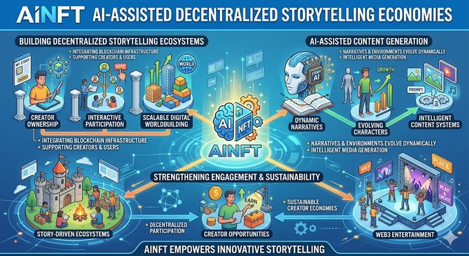 The image features a colorful illustration of an AI-assisted storytelling economy, with various elements such as people, buildings, and other objects representing different aspects of this digital world. The text at the bottom of the image reads "AINFT AI-assisted decentralized storytelling economies Storytelling ecosystems are increasingly integrating blockchain infrastructure to support creator ownership, interactive participation, and scalable digital worldbuilding". This suggests that the illustration is related to a project or concept involving AI and storytelling, possibly exploring how these technologies can be used together to create immersive and engaging experiences for users.