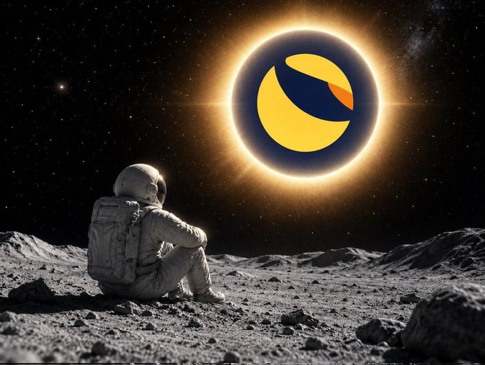 A digital artwork of an astronaut sitting on a lunar surface looking up at a glowing eclipse that forms the Terra (LUNA) cryptocurrency logo in space.