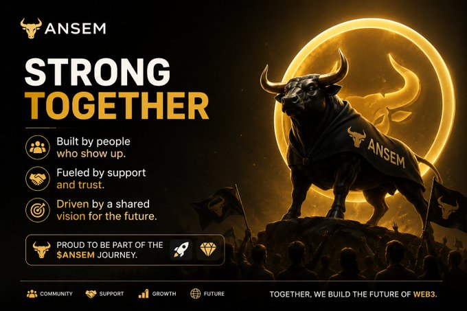 A promotional graphic for the $ANSEM community features a powerful black bull wearing a branded cape standing before a glowing golden circle, alongside the slogan "STRONG TOGETHER" and three pillars: "Built by people who show up," "Fueled by support and trust," and "Driven by a shared vision for the future." The image reinforces the post's message about lasting community involvement by pairing symbolic strength imagery with taglines emphasizing ongoing support and shared growth in the Web3 space.