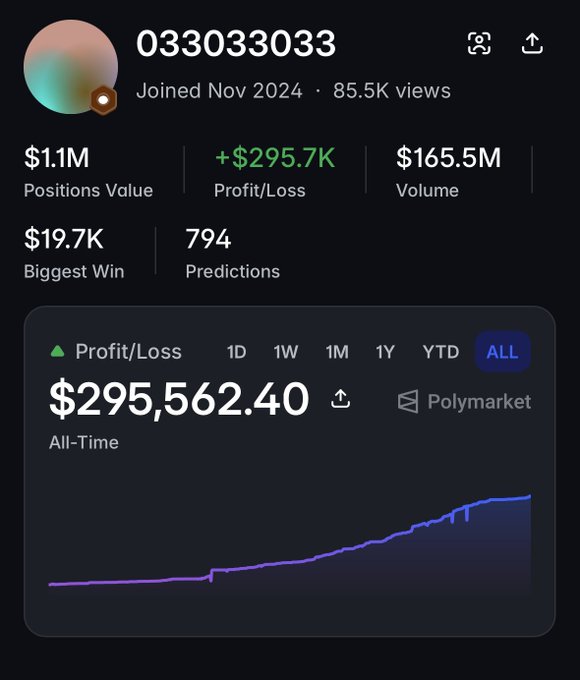 A dashboard for a user named '033033033' showing trading statistics, including '$1.1M Positions Value', '+$295.7K Profit/Loss', '$165.5M Volume', and an 'All-Time' profit of '$295,562.40' on Polymarket.