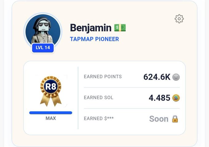 A user profile card for 'Benjamin' with the title 'TAPMAP PIONEER' at Level 14, showing earned points of 624.6K, earned SOL of 4.485, and an upcoming 'EARNED $***' labeled 'Soon'.