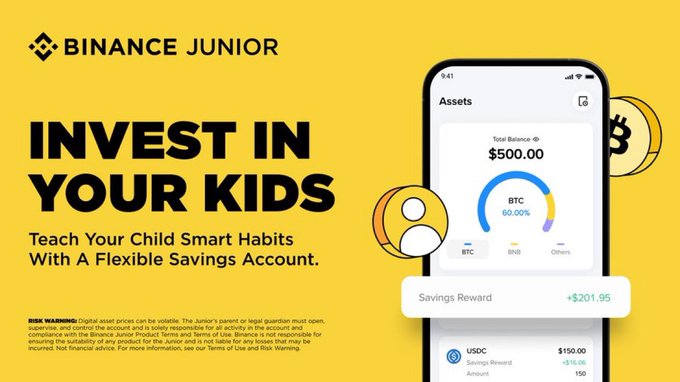 A yellow advertisement for Binance Junior featuring the headline 'INVEST IN YOUR KIDS', promoting a savings account to teach children smart habits, showing a mobile app interface with a $500 balance.