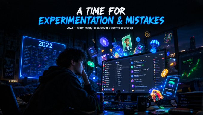 A stylized illustration with the text 'A TIME FOR EXPERIMENTATION & MISTAKES' and '2022 — when every click could become airdrop,' depicting a person surrounded by monitors showing calendars, crypto charts, and floating NFT cards.