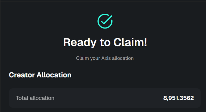 A dark-themed confirmation screen shows a teal checkmark and the text “Ready to Claim!” with “Claim your Axis allocation.” Under “Creator Allocation,” the total allocation is listed as 8,951.3562 AXIS, illustrating the creator allocation referenced in the post about claiming $AXIS with help from KaitoAI and Seymirel.