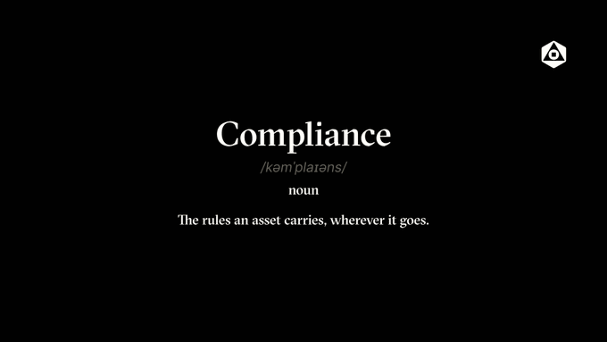 A black screen displays the dictionary definition of the word 'Compliance' as 'The rules an asset carries, wherever it goes.'