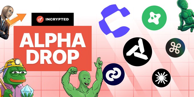 Promotional graphic for 'INCRYPTED Alpha Drop' featuring meme characters and various tech/crypto icons against a pink grid background.