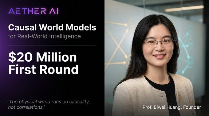 The image features an Asian woman wearing glasses, smiling for the camera while standing against a purple background with white text. The caption below her photo reads "Forget throwing more compute at the same llm architecture. Aether AI is taking a smarter path with Causal World Models." This statement suggests that the company is using a new approach to solving problems in artificial intelligence and machine learning, which involves analyzing data from the real world instead of relying solely on computing power.