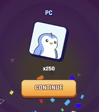 A mobile game screen showing a penguin icon with 'PC' text above it, 'x250' below, and a 'CONTINUE' button at the bottom against a confetti-filled background.