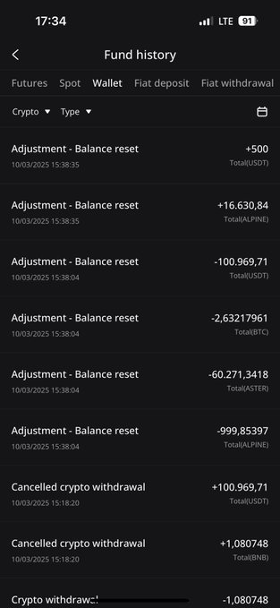 A smartphone screenshot of a 'Fund history' page showing multiple 'Adjustment - Balance reset' entries and 'Cancelled crypto withdrawal' transactions dated 10/03/2025.