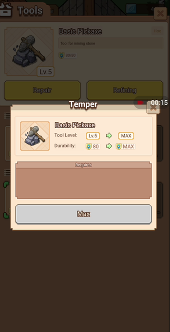 A mobile game Tools interface shows a Basic Pickaxe at Lv.5 with 80/80 durability, with a Temper pop-up window offering a 'Max' upgrade option.