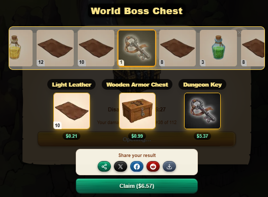 A screenshot from a mobile game titled 'World Boss Chest' showing a loot box interface with items like 'Light Leather', 'Wooden Armor Chest', and a 'Dungeon Key' priced at $3.37, along with a 'Claim ($6.57)' button at the bottom.
