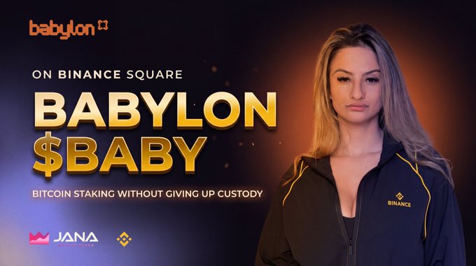 Promotional graphic for 'Babylon $BABY' cryptocurrency, featuring a woman in a black Binance jacket, advertising 'Bitcoin staking without giving up custody' on Binance Square.