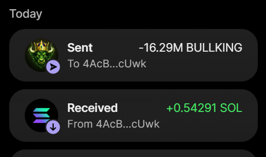 A wallet transaction record showing a "Sent" entry of -16.29M BULLKING to address 4AcB...cUwk and a "Received" entry of +0.54291 SOL from the same address, confirming the purchase of 16.29 million $BULLKING tokens for 0.54291 SOL as advertised in the presale post.