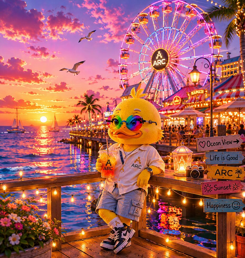 The image features a duck character wearing sunglasses and holding a drink while standing on a pier or dock at sunset. The background includes a ferris wheel and other attractions, creating an atmosphere of fun and excitement. The caption above the image reads "A lot of people focus on what ANIMA can do today. A more interesting question is what happens when thousands of decisions accumulate over time". This statement highlights the importance of considering long-term consequences and decision-making in various aspects of life, including amusement park attractions like the one depicted in the image.