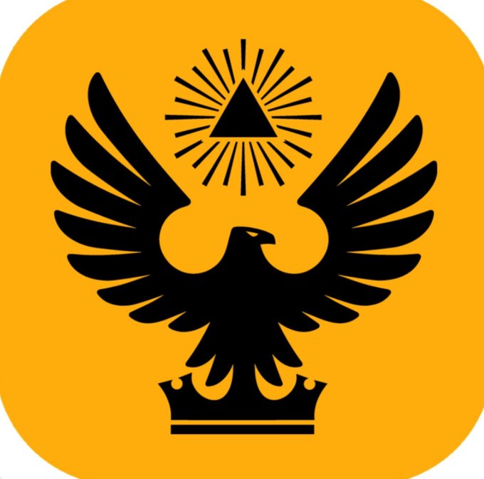 An orange app icon featuring a black silhouette of an eagle with spread wings, a triangle with radiating lines above its head, and a crown beneath its feet.