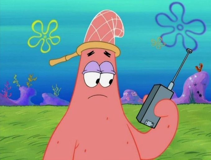 Patrick Star from SpongeBob SquarePants wears a netted sleeping cap while looking worriedly at a remote-controlled device with an antenna. The image humorously relates to the "How much is your Breakfast?" post by depicting Patrick looking confused and sleepy, as if he's struggling to understand or calculate the cost of breakfast in a web3/crypto context.