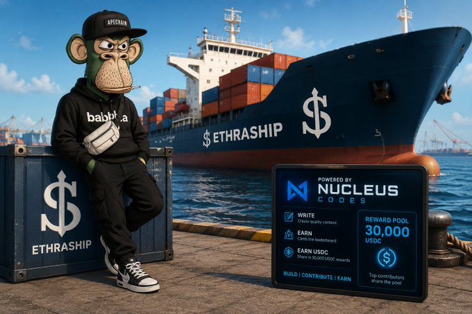 An illustrated monkey character in a black 'APECHAIN' hoodie sits on a container labeled 'ETHRASHIP' with a dollar sign, next to a cargo ship also marked 'ETHRASHIP' and a digital display advertising 'NUCLEUS CODES' with a '30,000 USDC' reward pool.