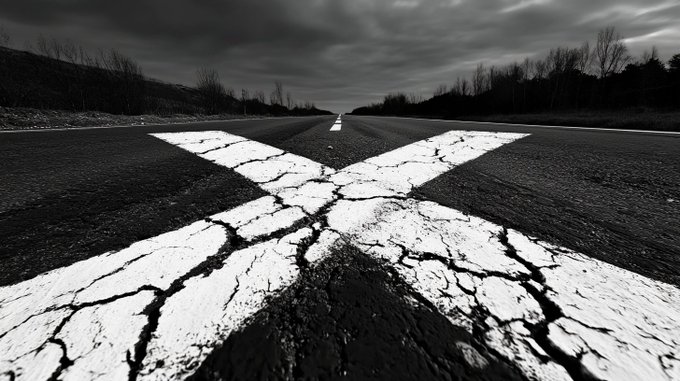 A dramatic black and white photograph of a cracked, weathered asphalt road featuring a large white X marking, with bare trees and a moody overcast sky in the background.