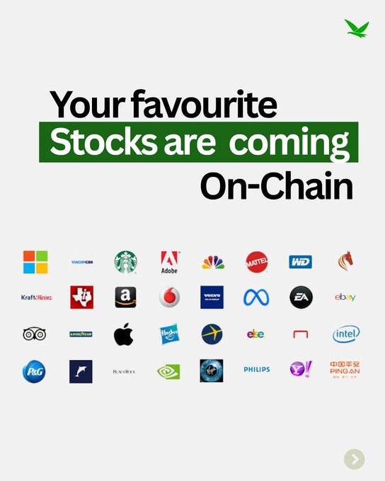 A promotional graphic with green text reading 'Your favourite Stocks are coming On-Chain' on a light background, displaying logos of various companies including Microsoft, Starbucks, Adobe, NBC, Mattel, WD, KraftHeinz, Amazon, Apple, P&G, NVIDIA, Philips, and Ping An.
