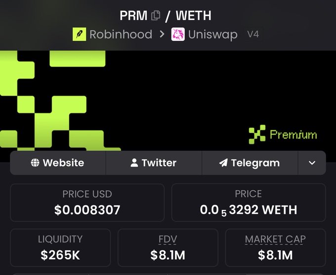 A cryptocurrency listing page showing 'PRM' token on Robinhood/Uniswap V4 with a price of $0.008307, 0.0₅3292 WETH, $265K liquidity, and $8.1M market cap/FDV.